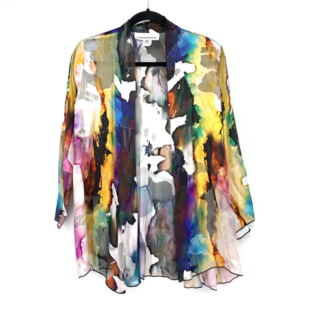 Caroline Rose Jacket Women Sz PM Multicolor Watercolor Chiffon Sheer Cardigan